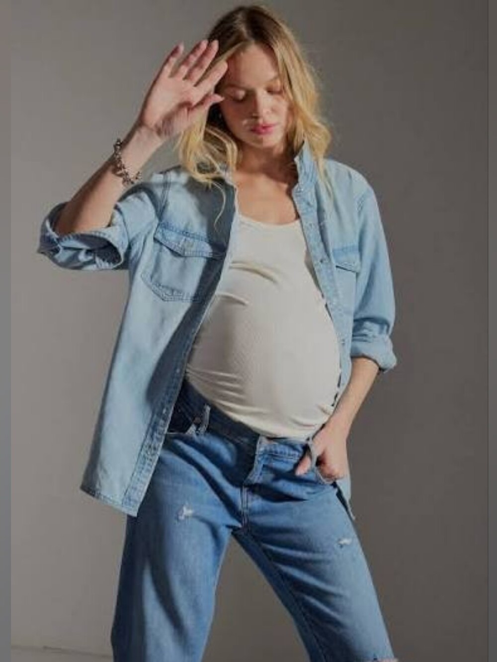 Hatch the organic cotton denim maternity shirt in indigo, small